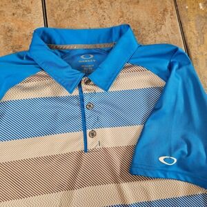 Oakley Hydrolix XL Golf Polo Shirt Blue Tan Striped Regular Fit Short Sleeve